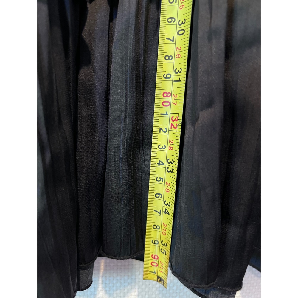 Black Pleated Satin Mini Dress XS Long Sleeve Tiered Ruffle Smocked Waist - Picture 7 of 8